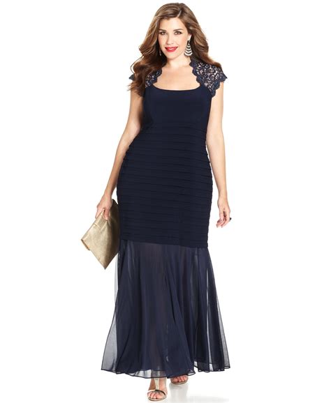 XSCAPE. Plus Size Ruffled Gown. $299.00. Betsy & Adam. Plus Size Galaxy Glitter Draped Gown. $315.00. (26) Shop our great selection of Women's Plus Size Evening Gowns at Macy's! Explore the latest trends, styles, & more!